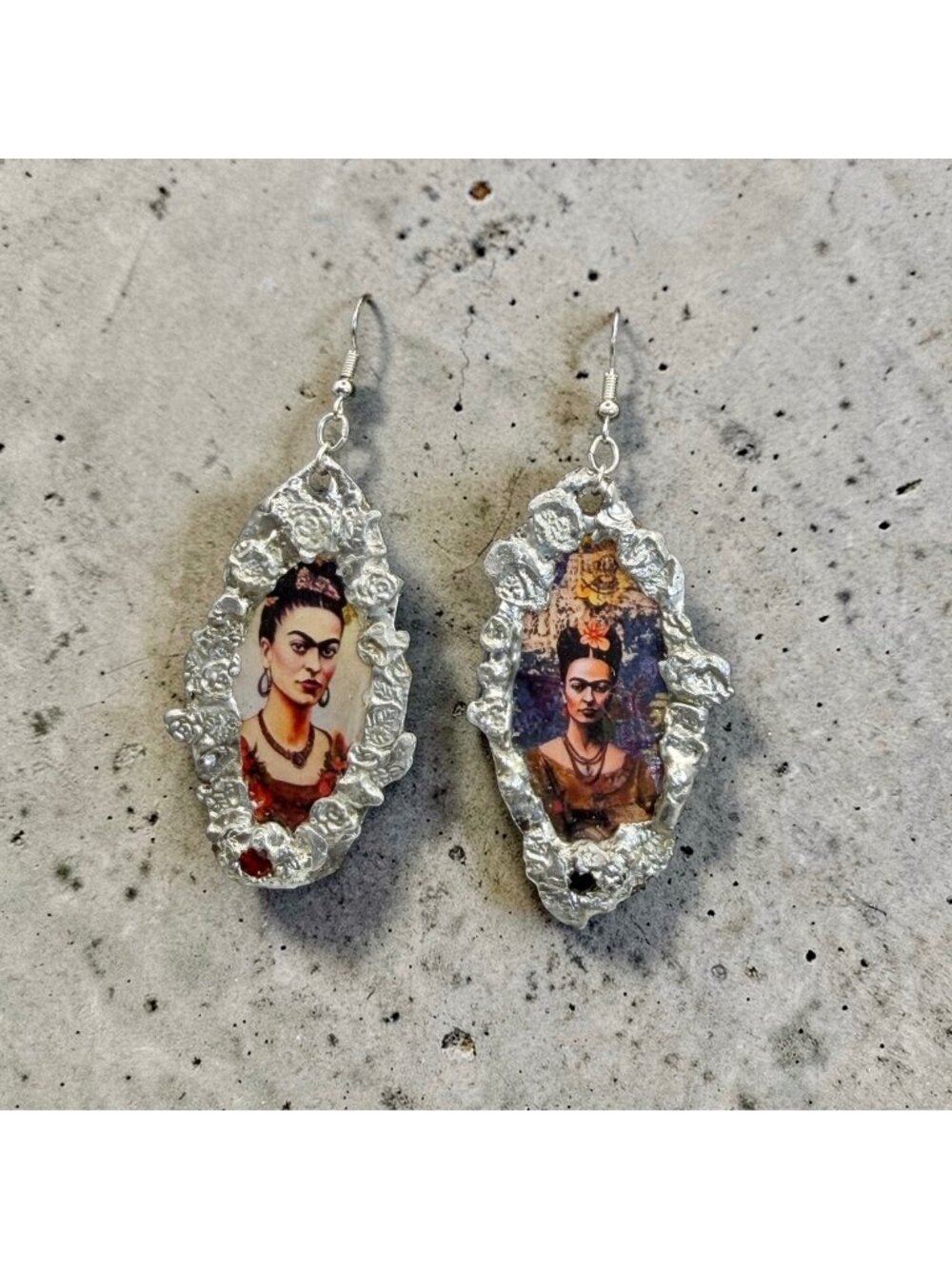 Echoes of Frida: Handcrafted Portrait Drop Earrings w/ Hessonite & Black Garnet - Picture 7 of 16
